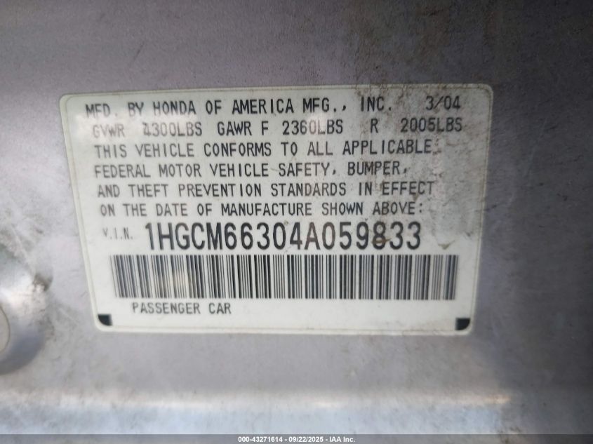 2004 Honda Accord 3.0 Lx VIN: 1HGCM66304A059833 Lot: 43271614