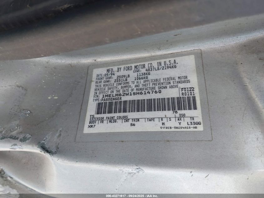 1995 Mercury Cougar Xr7 VIN: 1MELM62W1SH614760 Lot: 43271617