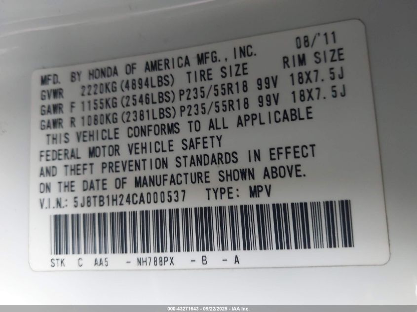 2012 Acura Rdx VIN: 5J8TB1H24CA000537 Lot: 43271643