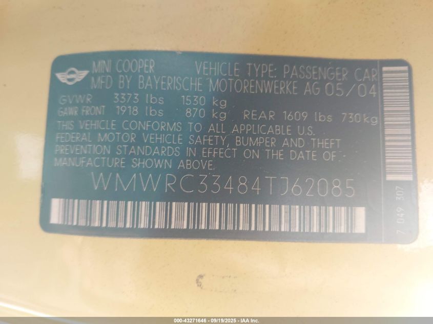 2004 Mini Cooper VIN: WMWRC33484TJ62085 Lot: 43271646