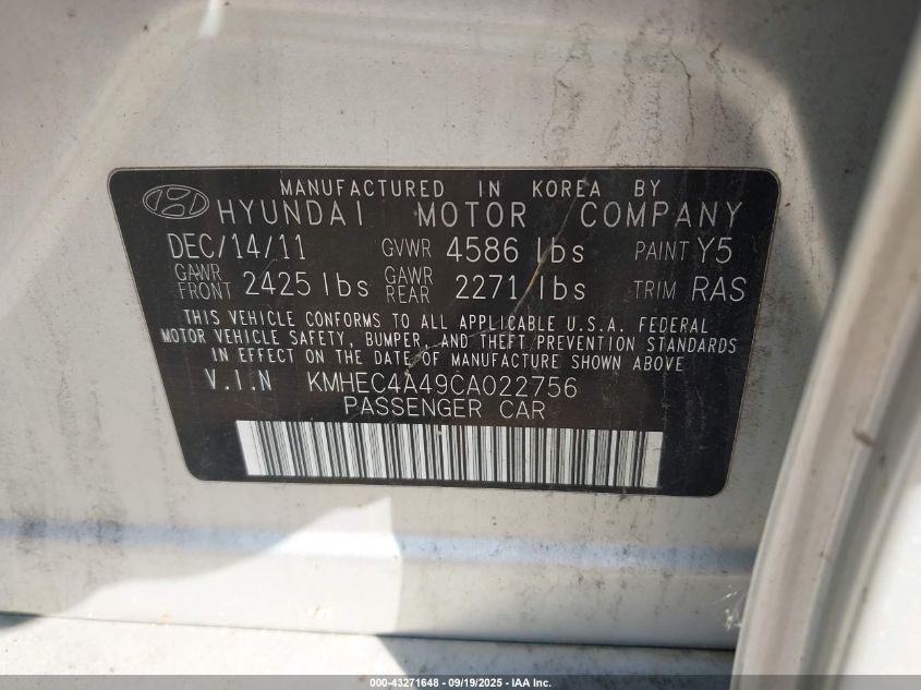2012 Hyundai Sonata Hybrid VIN: KMHEC4A49CA022756 Lot: 43271648
