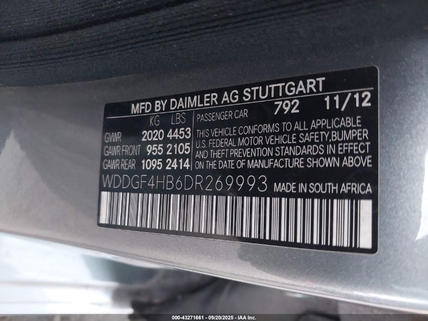 2013 Mercedes-Benz C 250 Sport VIN: WDDGF4HB6DR269993 Lot: 43271661