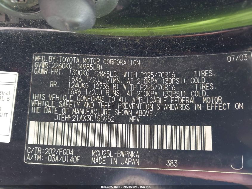 2003 Toyota Highlander V6 VIN: JTEHF21AX30155952 Lot: 43271662