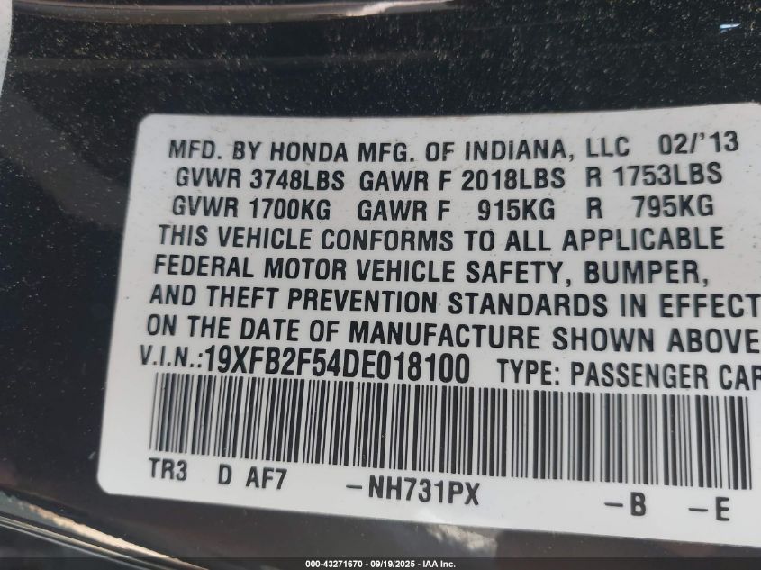 2013 Honda Civic Lx VIN: 19XFB2F54DE018100 Lot: 43271670
