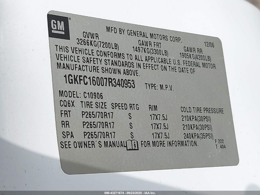 2007 GMC Yukon Xl 1500 Slt VIN: 1GKFC16007R340953 Lot: 43271674