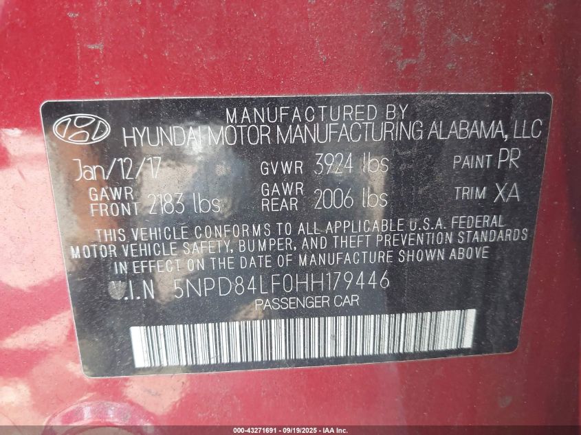 2017 Hyundai Elantra Se VIN: 5NPD84LF0HH179446 Lot: 43271691