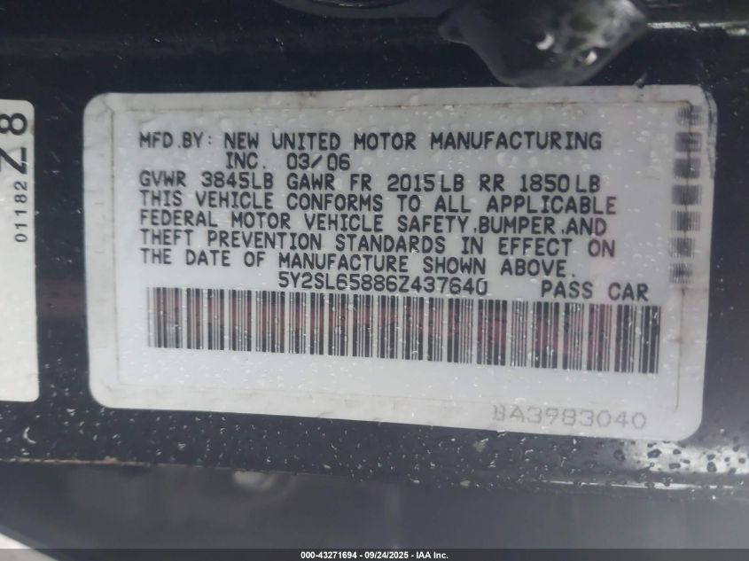 2006 Pontiac Vibe VIN: 5Y2SL65886Z437640 Lot: 43271694