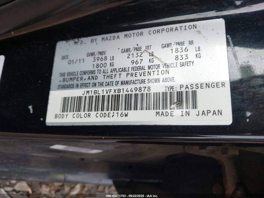 2011 Mazda Mazda3 I Touring VIN: JM1BL1VFXB1449878 Lot: 43271703