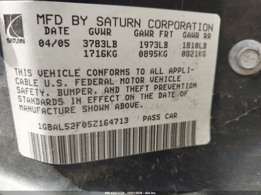 2005 Saturn Ion 3 VIN: 1G8AL52F05Z164713 Lot: 43271724