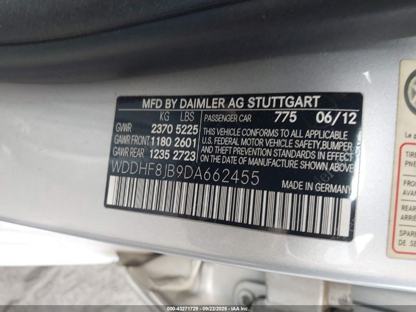 2013 Mercedes-Benz E 350 4Matic VIN: WDDHF8JB9DA662455 Lot: 43271729