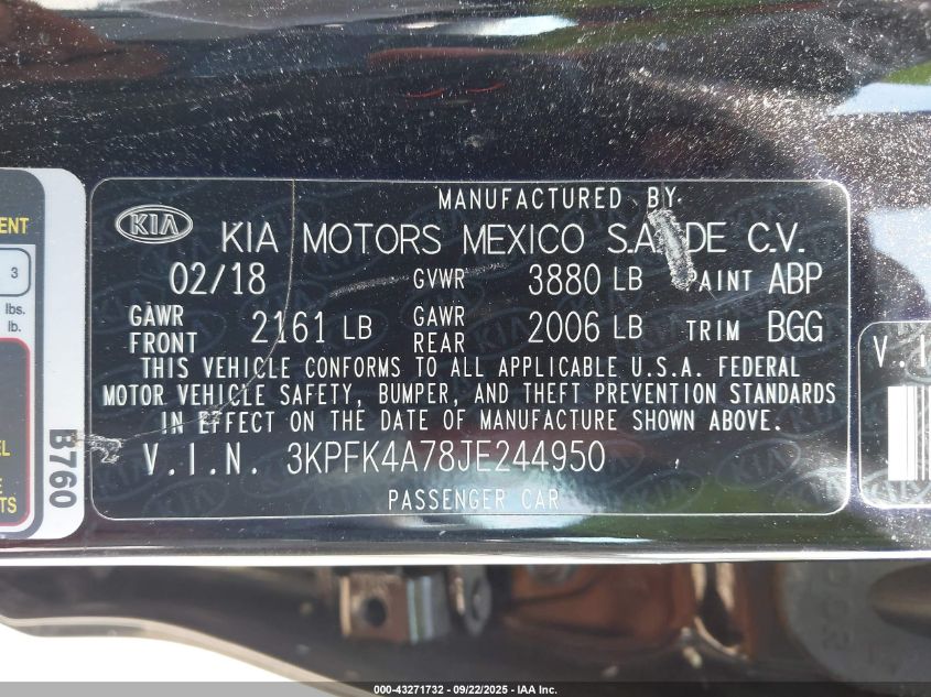 2018 Kia Forte Lx VIN: 3KPFK4A78JE244950 Lot: 43271732