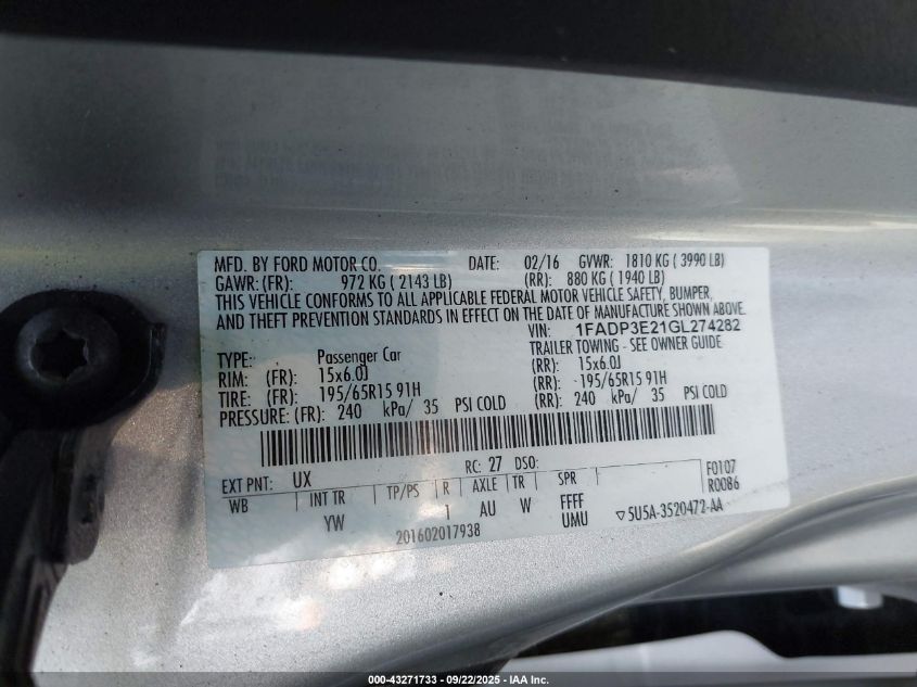 2016 Ford Focus S VIN: 1FADP3E21GL274282 Lot: 43271733