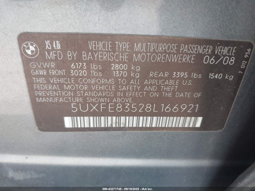 2008 BMW X5 4.8I VIN: 5UXFE83528L166921 Lot: 43271745
