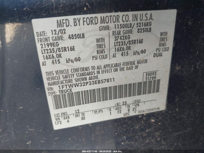 2003 Ford F-350 Lariat/Xl/Xlt VIN: 1FTWW32P33EB57811 Lot: 43271748