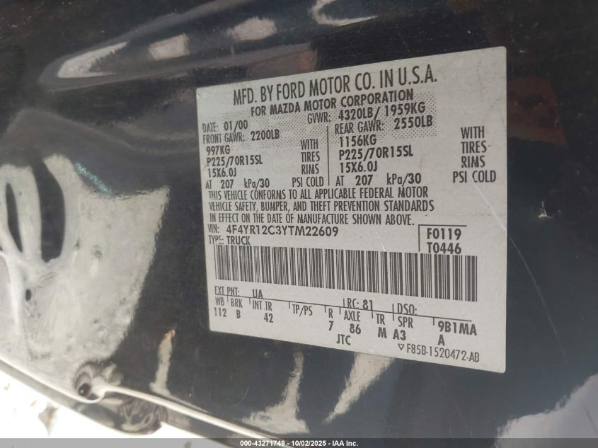 2000 Mazda B2500 Se/Sx VIN: 4F4YR12C3YTM22609 Lot: 43271749