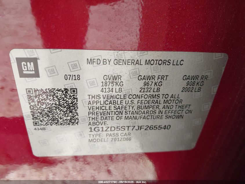 2018 Chevrolet Malibu Lt VIN: 1G1ZD5ST7JF265540 Lot: 43271760