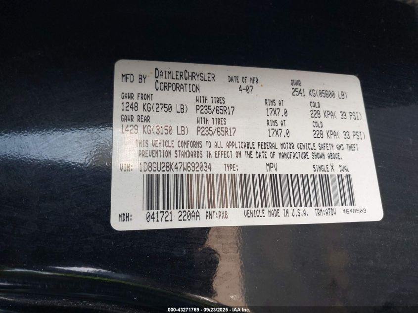 2007 Dodge Nitro Sxt VIN: 1D8GU28K47W692034 Lot: 43271769