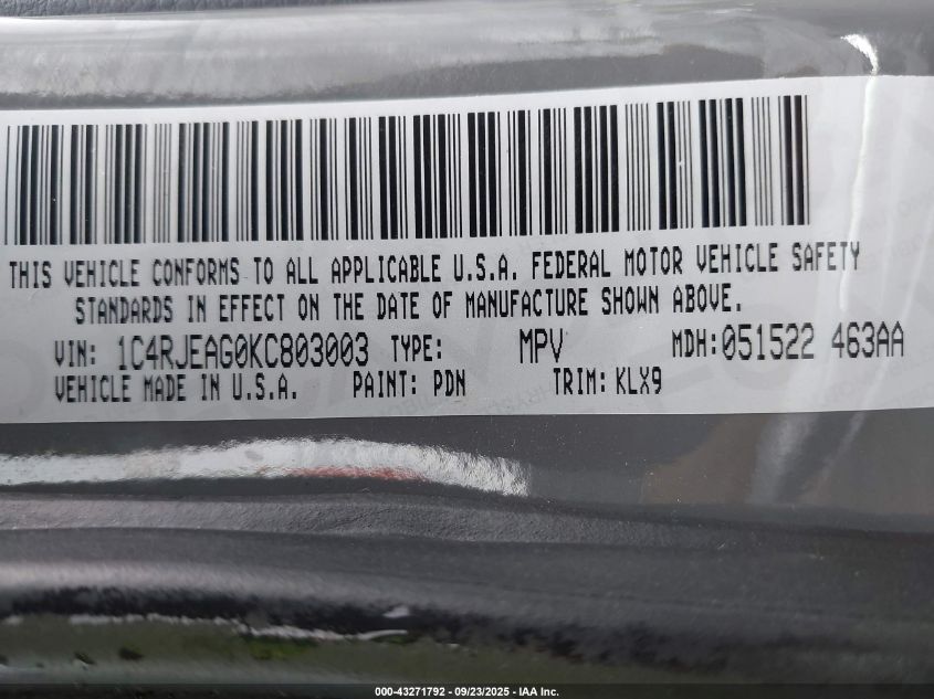 2019 Jeep Grand Cherokee Altitude 4X2 VIN: 1C4RJEAG0KC803003 Lot: 43271792