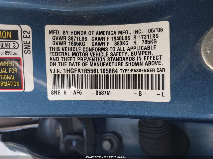 2006 Honda Civic Lx VIN: 1HGFA16556L105884 Lot: 43271793