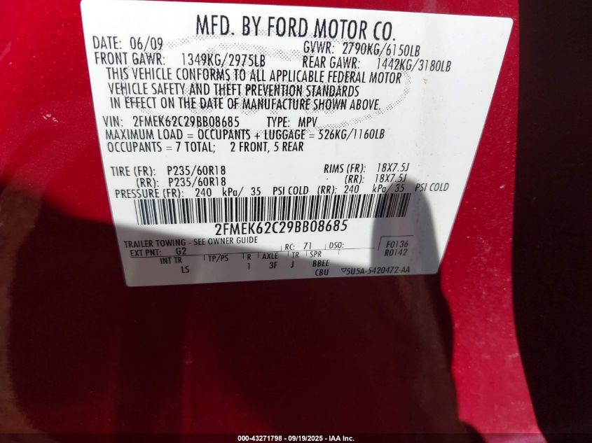 2009 Ford Flex Sel VIN: 2FMEK62C29BB08685 Lot: 43271798