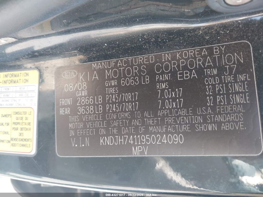 2009 Kia Borrego Lx V6 VIN: KNDJH741195024090 Lot: 43271817