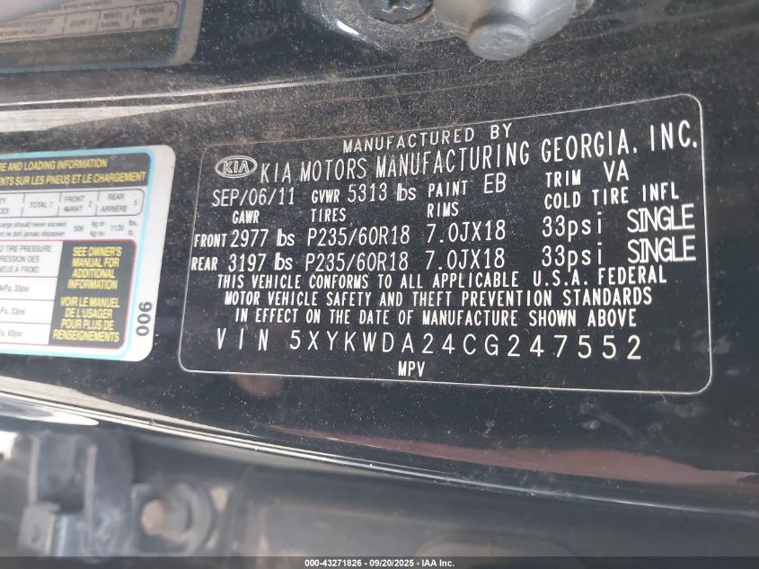 2012 Kia Sorento Sx V6 VIN: 5XYKWDA24CG247552 Lot: 43271826