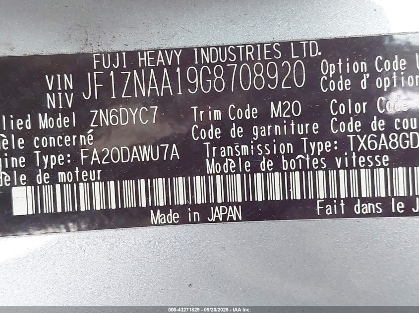 2016 Scion Fr-S VIN: JF1ZNAA19G8708920 Lot: 43271829