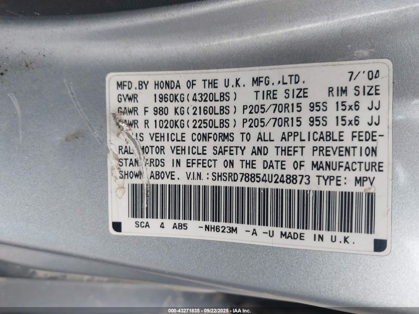 2004 Honda Cr-V Ex VIN: SHSRD78854U248873 Lot: 43271835