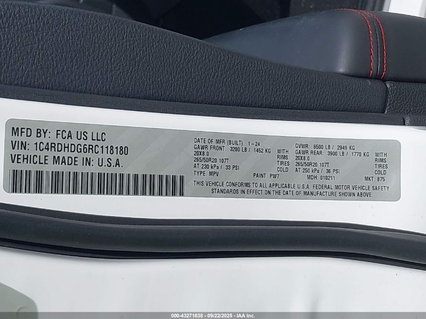 2024 Dodge Durango Gt Plus Rwd VIN: 1C4RDHDG6RC118180 Lot: 43271838