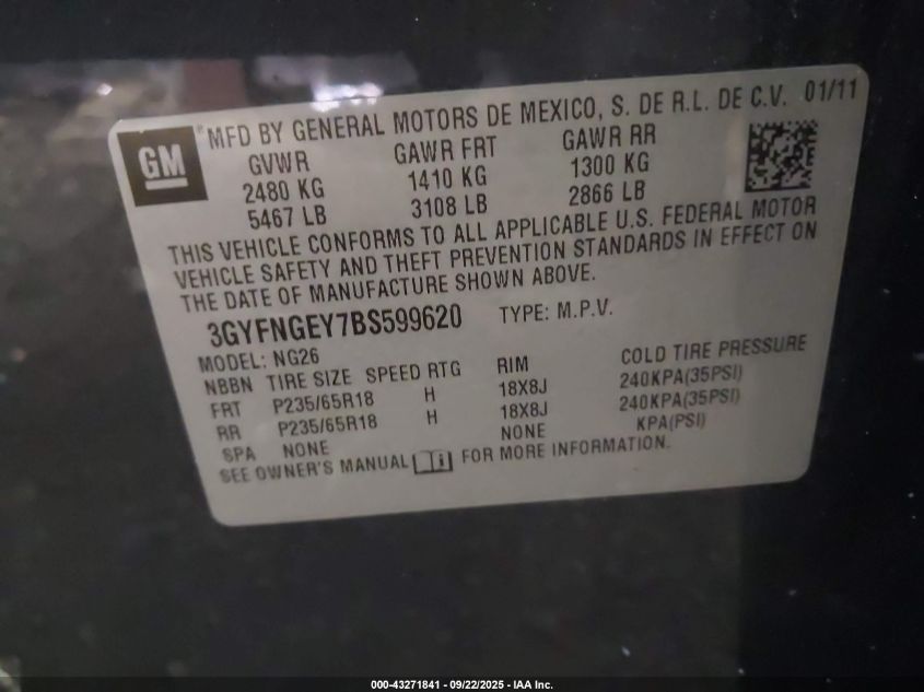 2011 Cadillac Srx Standard VIN: 3GYFNGEY7BS599620 Lot: 43271841