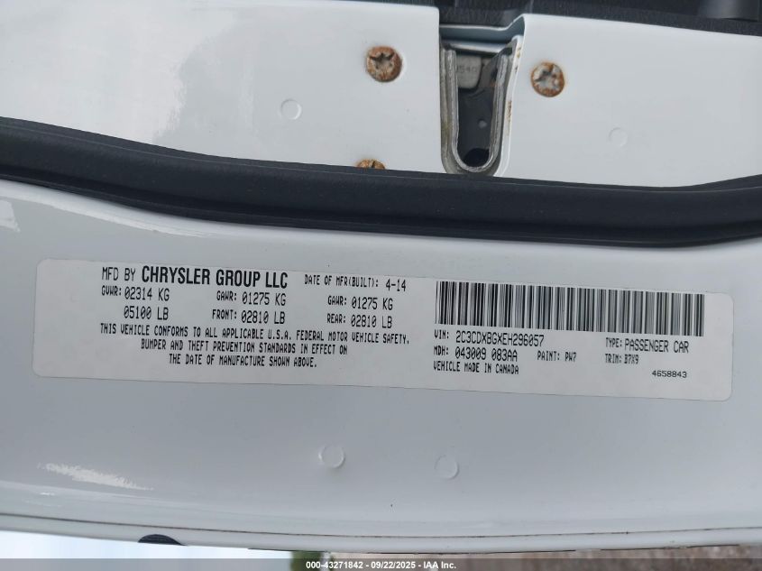 2014 Dodge Charger Se VIN: 2C3CDXBGXEH296057 Lot: 43271842