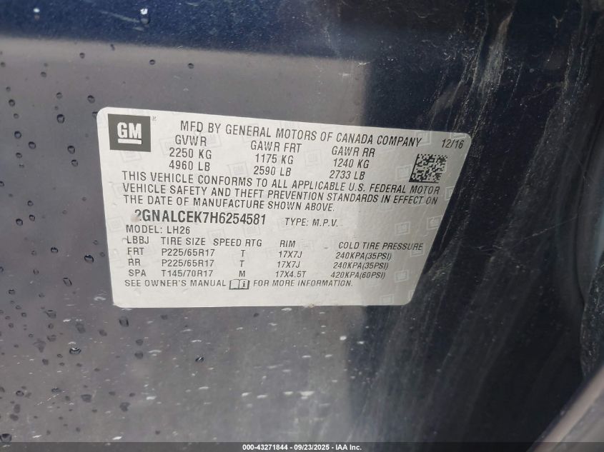 2017 Chevrolet Equinox Lt VIN: 2GNALCEK7H6254581 Lot: 43271844