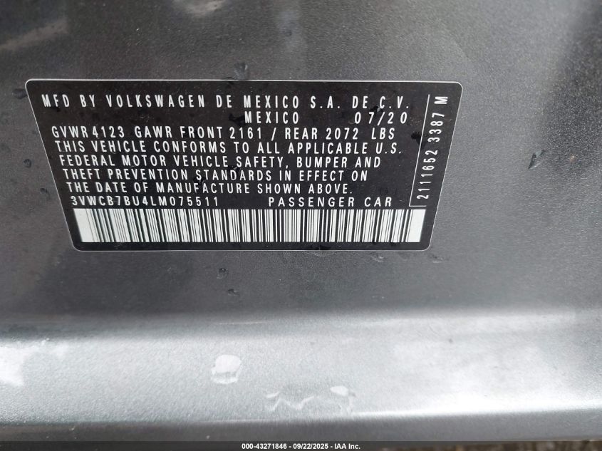 2020 Volkswagen Jetta 1.4T R-Line/1.4T S/1.4T Se VIN: 3VWCB7BU4LM075511 Lot: 43271846