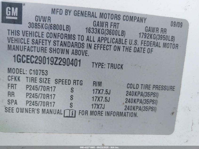2009 Chevrolet Silverado 1500 Lt VIN: 1GCEC29019Z290401 Lot: 43271865