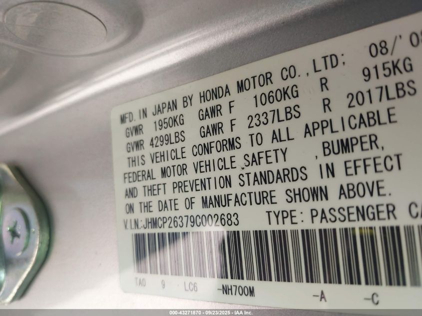 2009 Honda Accord 2.4 Lx VIN: JHMCP26379C002683 Lot: 43271870