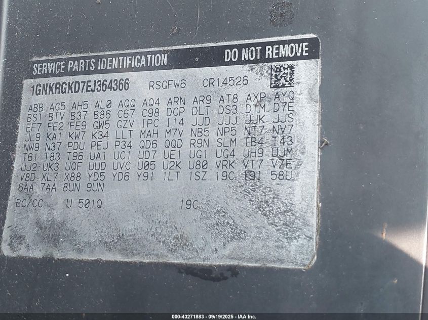 2014 Chevrolet Traverse 1Lt VIN: 1GNKRGKD7EJ364366 Lot: 43271883