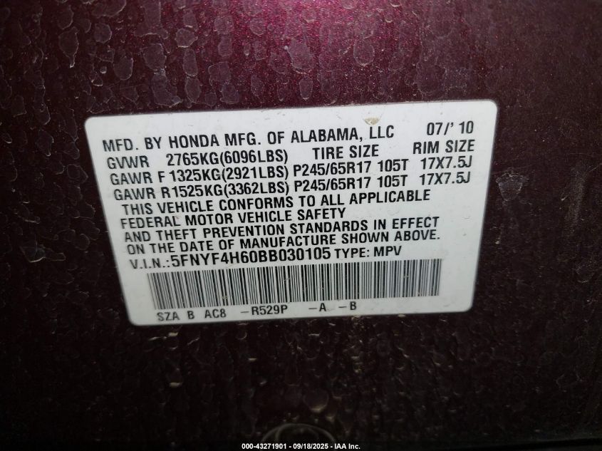 2011 Honda Pilot Ex-L VIN: 5FNYF4H60BB030105 Lot: 43271901