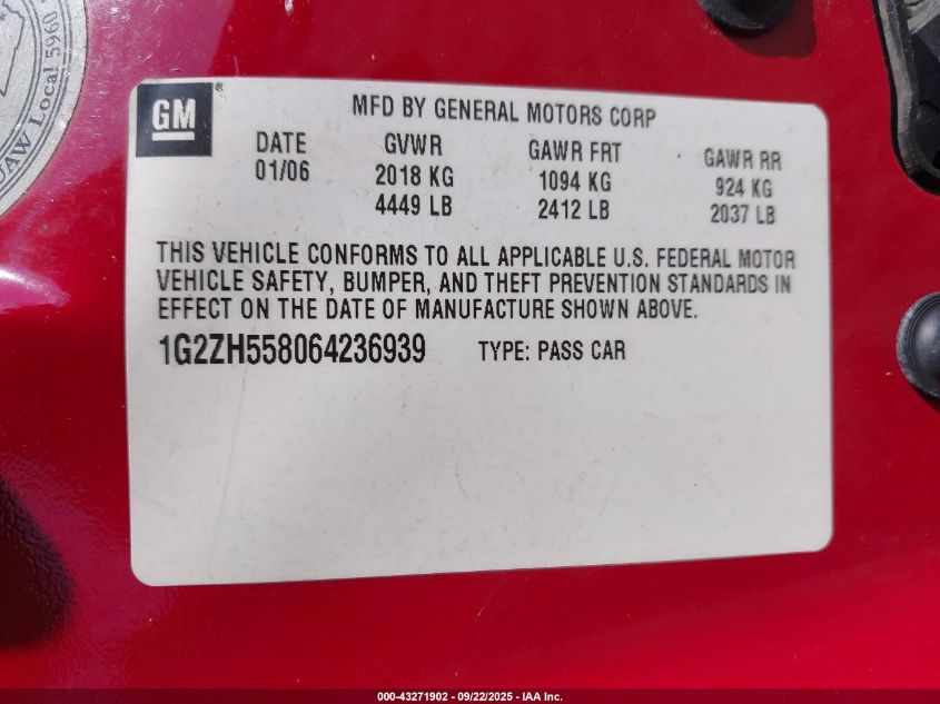 2006 Pontiac G6 Gt VIN: 1G2ZH558064236939 Lot: 43271902