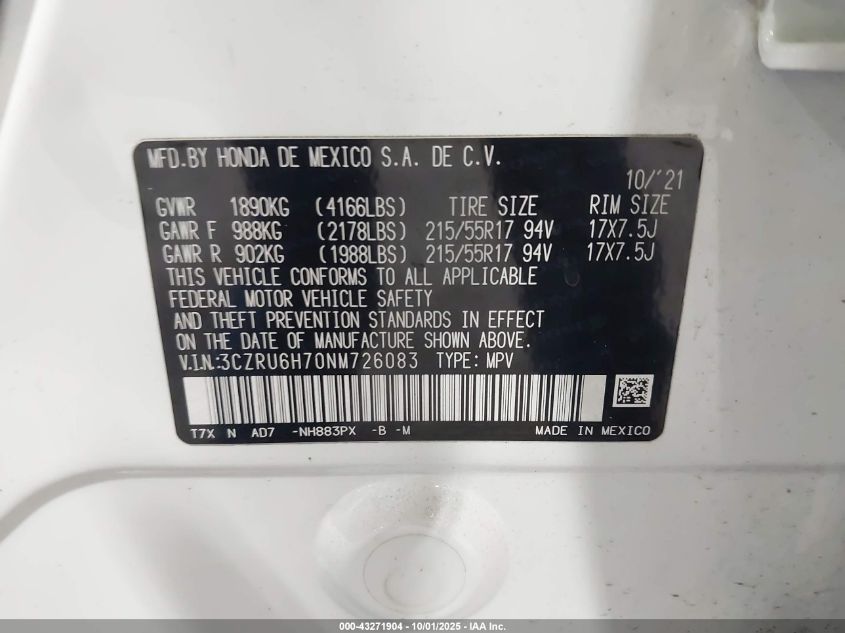 2022 Honda Hr-V Awd Ex-L VIN: 3CZRU6H70NM726083 Lot: 43271904