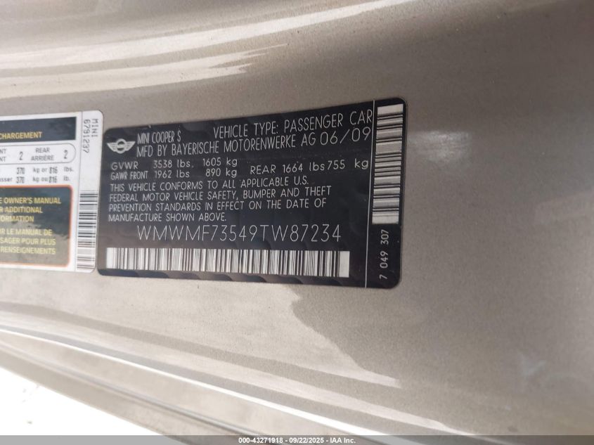 2009 Mini Cooper S VIN: WMWMF73549TW87234 Lot: 43271918
