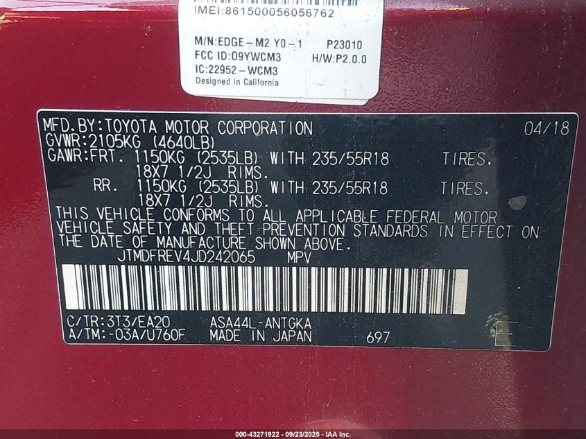 2018 Toyota Rav4 Limited VIN: JTMDFREV4JD242065 Lot: 43271922