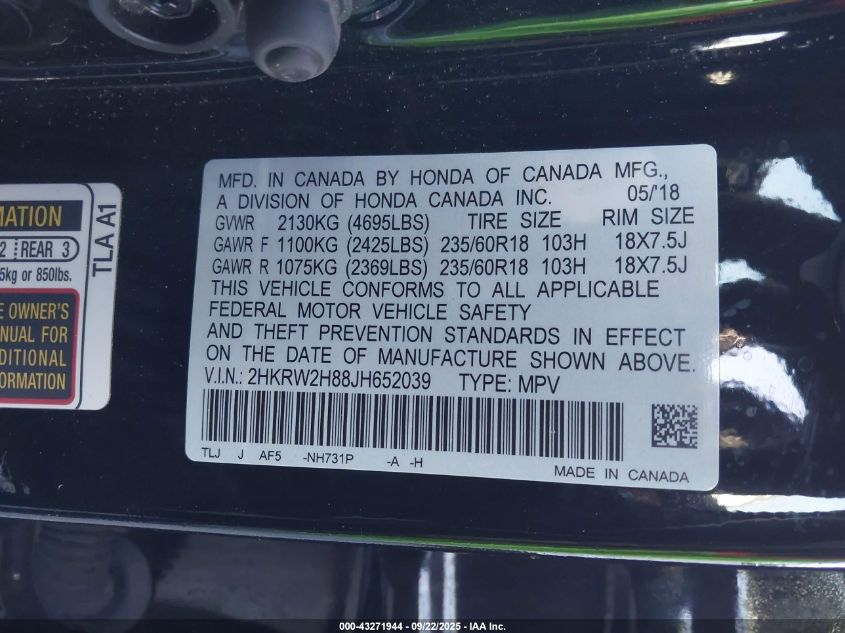 2018 Honda Cr-V Ex-L/Ex-L Navi VIN: 2HKRW2H88J8652039 Lot: 43271944