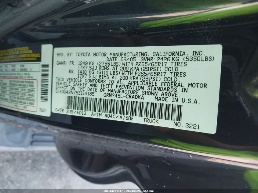 2005 Toyota Tacoma Base V6 VIN: 5TEUU42N75Z114185 Lot: 43271947