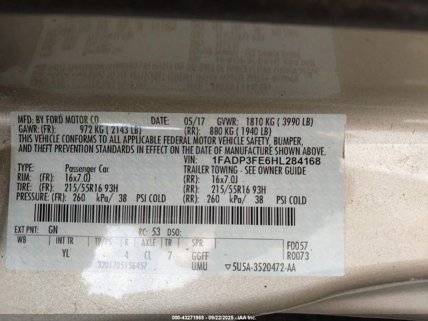 2017 Ford Focus Se VIN: 1FADP3FE6HL284168 Lot: 43271988