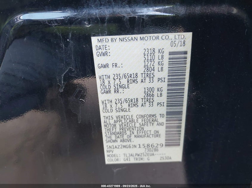 2018 NISSAN MURANO S - 5N1AZ2MG6JN158629