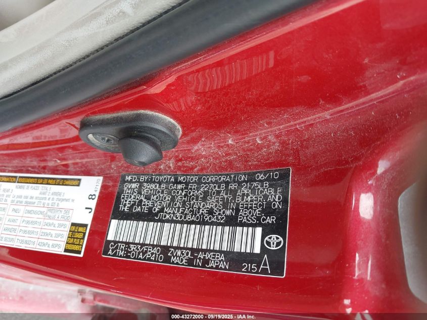 2010 Toyota Prius Iii VIN: JTDKN3DU8A0190432 Lot: 43272000