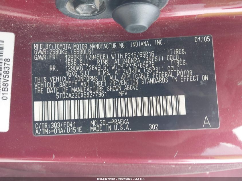 2005 Toyota Sienna Ce VIN: 5TDZA23CX5S277961 Lot: 43272001