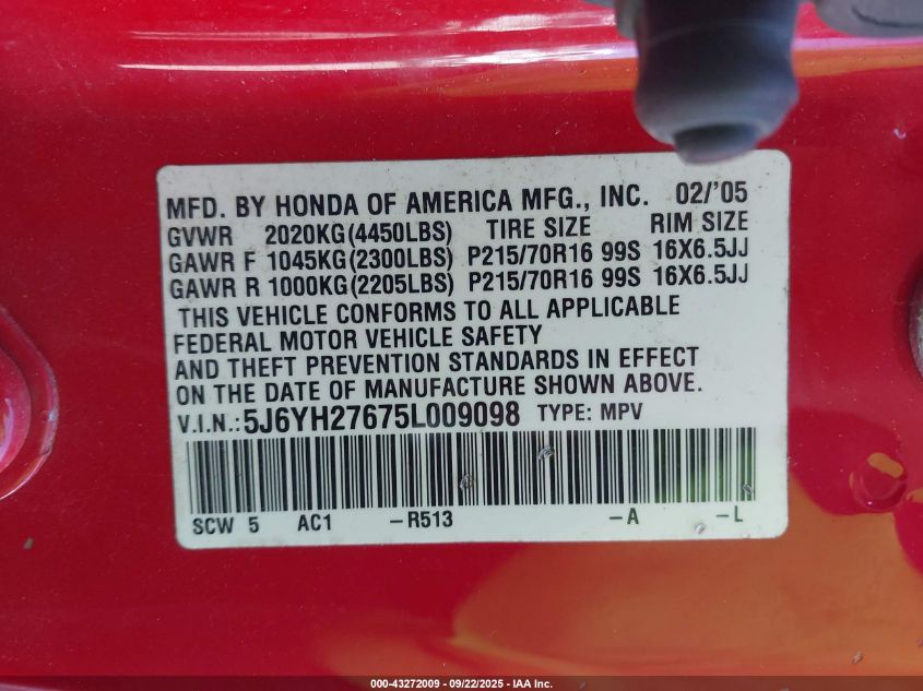 2005 Honda Element Ex VIN: 5J6YH27675L009098 Lot: 43272009