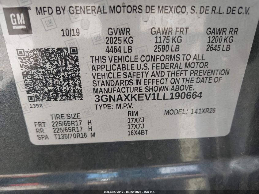 2020 Chevrolet Equinox Fwd Lt 1.5L Turbo VIN: 3GNAXKEV1LL190664 Lot: 43272012