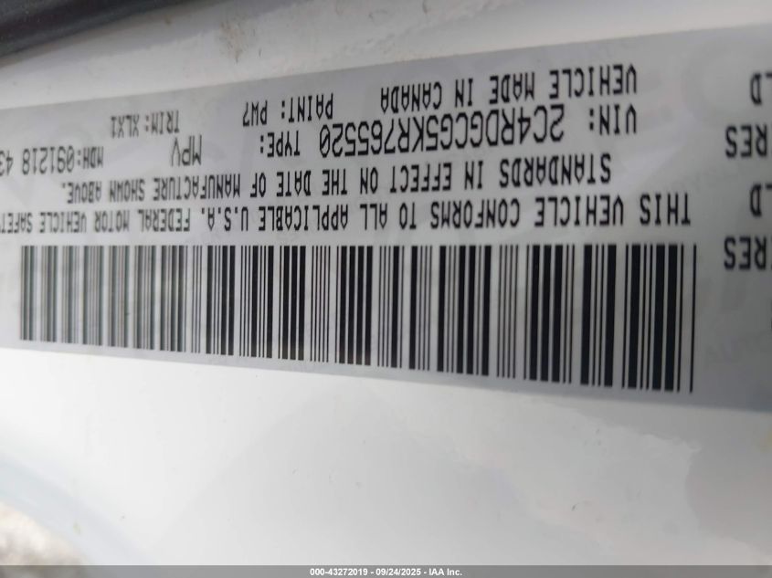 2019 Dodge Grand Caravan Sxt VIN: 2C4RDGCG5KR765520 Lot: 43272019